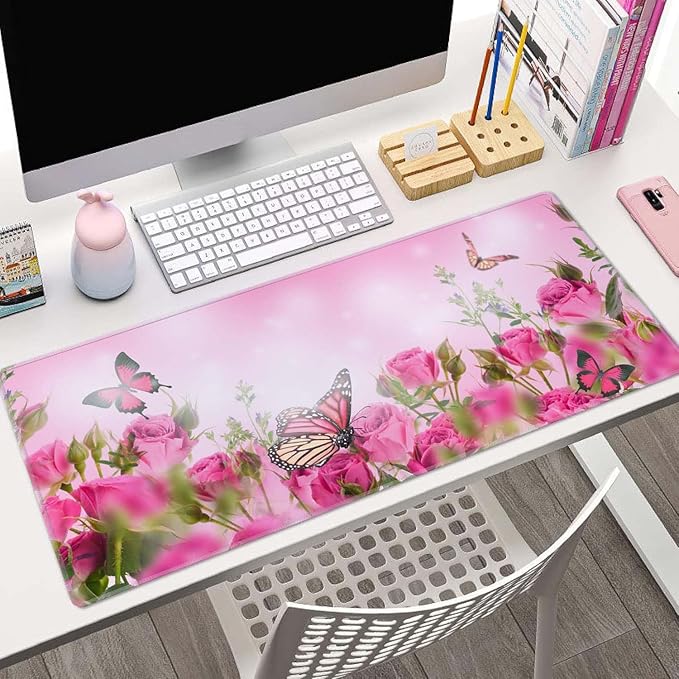 Mouse Pad Gaming, Large Mouse Pads for Desk, Keyboard Mouse Mat Desk Pad, Non-Slip Rubber Base with Stitched Edges Mousepad, 31.5x11.8in Roses Butterfly