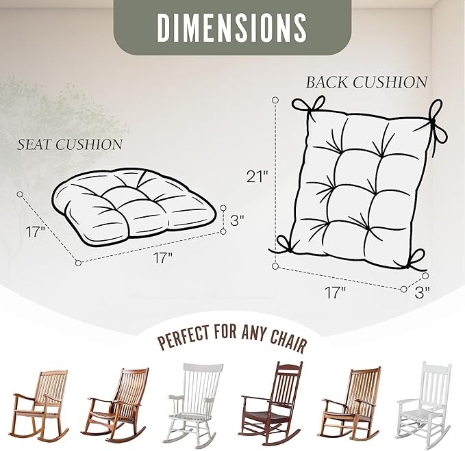 Klear Vu Omega Non-Slip Rocking Chair Cushion Set with Thick Padding and Tufted Design, Includes Seat Pad & Back Pillow with Ties for Living Room Rocker, 17x17 Inches, 2 Piece Set, Celadon