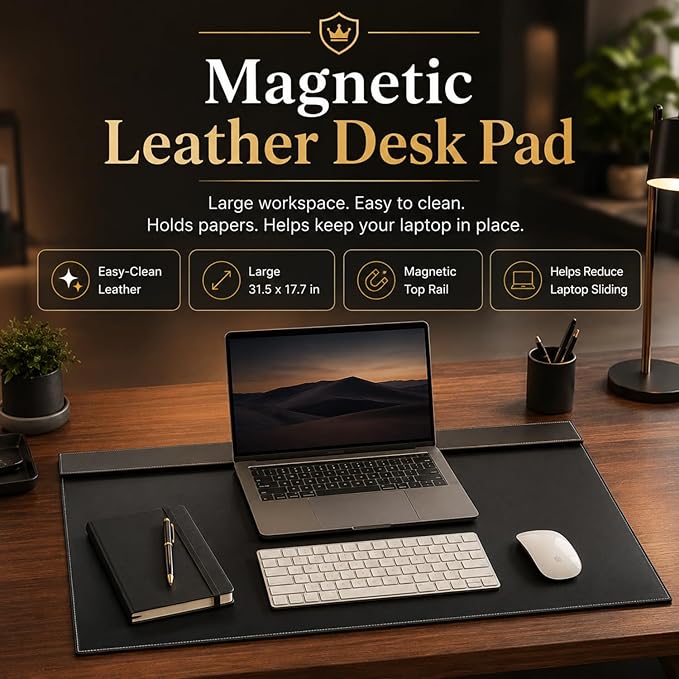 Fumete 31.5" x 17.7" PU Leather Desk Pad Mat, Large Waterproof Desk Blotter with Top Rail, Dual-use Writing Board & Mouse Pad for Office Home Desktop
