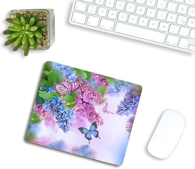 Butterfly Mouse Pad, Spring Blue Purple Lilac Flower with Green Leaves Rectangular Mouse Pad, Non-Slip Rubber MousePads for Office Home Laptop, 9.5"x7.9"x0.12" Inch