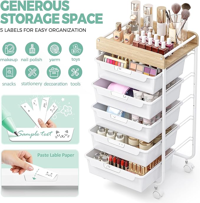 SYKIARIOL Rolling Cart with 5 Drawers,Art Craft Cart,Storage Utility Cart with Wheels,Makeup Organizer with Wooden Tabletop,White
