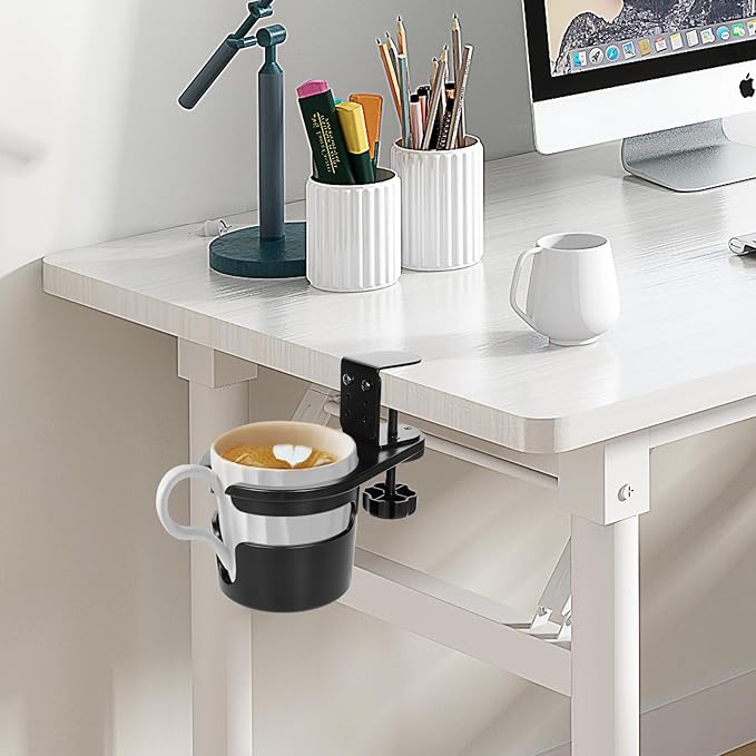 FMOACEN 3-Stage Adjustable Desk Cup Holder Clamp, 360° Rotating Anti-Spill Tray for Water Bottles & Mugs, Heavy-Duty Under Desk Organizer for Office, PC Gaming & School, Black