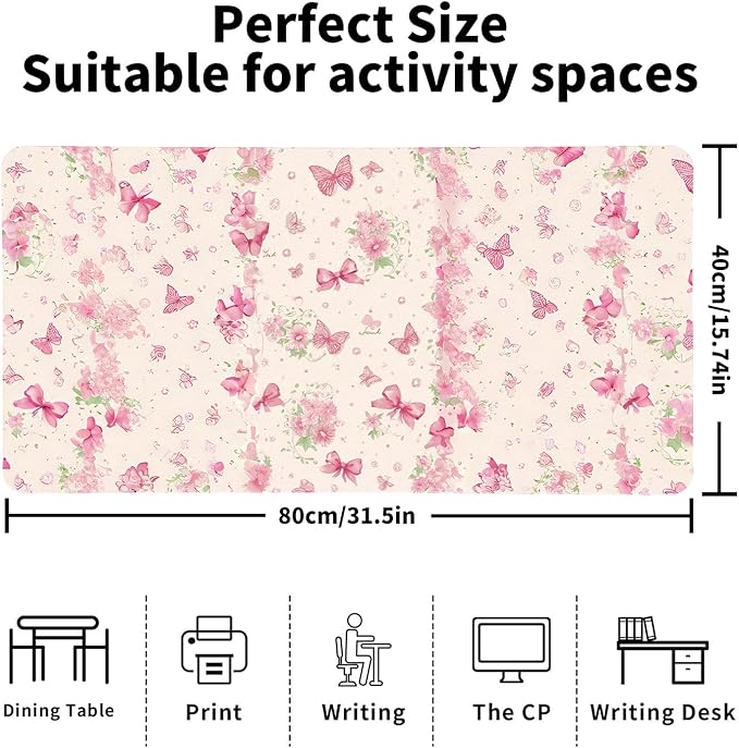 Butterfly Theme Desk Mat for Women, Large PU Leather Desk Pad with Non-Slip Base, Romantic Office Keyboard Mat for Gaming & Home Work, Enchanting Gift Idea（31.5 * 15.75in）