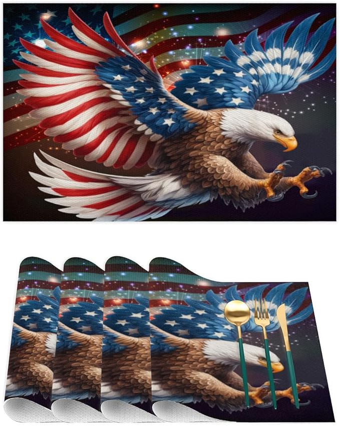 Placemats Set of 4 Heat-Resistant Rectangle Place Mats Independence Day Eagles Washable Plastic PVC Dining Table Mat Non-Slip Wipeable Woven Vinyl Placemat for Kitchen Patio Table Decor