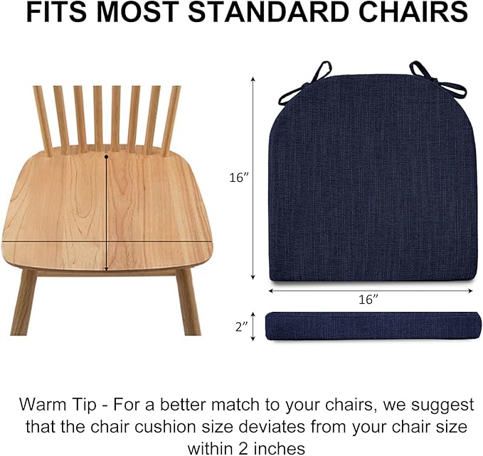 Wellsin Chair Cushions for Dining Chairs 4 Pack - Kitchen Chair Cushions with Ties and Non-Slip Backing - Dining Chair Pads 16"X16"X2", Navy