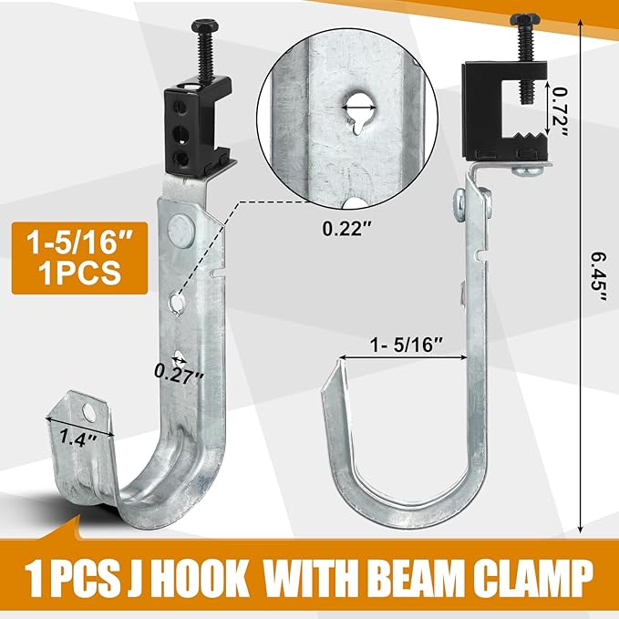 Blulu 1 Pcs Cable Support J Hook with Beam Clam Swivel Heavy Duty Metal Hangers for J Hook Hanging Cable Management Organizing Wire G60 Galvanized Steel (1-5/16 Inch)