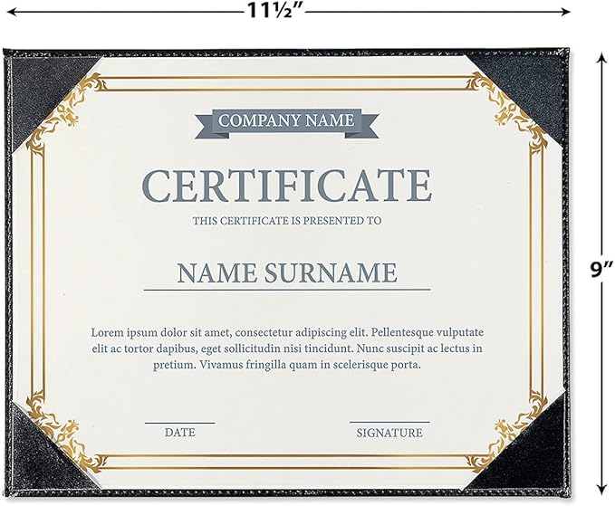 Fine Stationery Black Faux Leather Certificate Holders with Acrylic Easel Stand - 3-Pack, Holds 8.5x11'' Letter-Size Document Vertically or Horizontally, Professional Certificate Award Frame