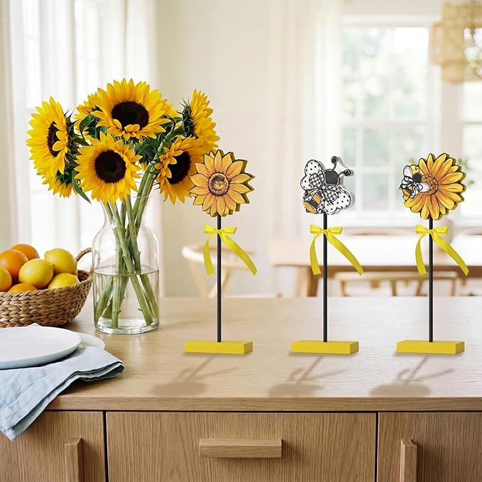 Smile 3 Pcs Wooden Decor Summer Indoor Decorations, Sunflower Bee Style, Summer Table Centerpieces for Home Kitchen Seasonal Display