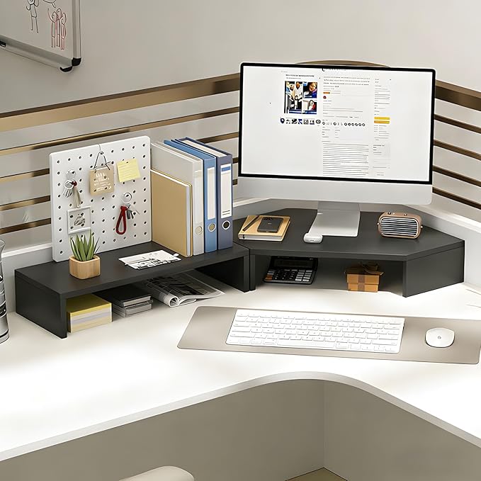 Corner Monitor Stand with Storage Space Triangle Riser Combo Desktop Corner Shelf with Cup Holder Pegboard Office Desk Accessories and Organizer for Office & Home,Black,Single Layer