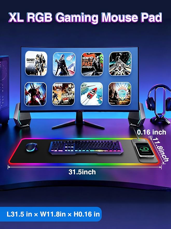 RGB Gaming Mouse Pad with 15W Magnetic Wireless Charger, 31.5'' x 11.8'' Large LED Desk Mat, 24 Lighting Effects Keyboard Pad with Non-Slip Rubber Base, Waterproof Ultra-Smooth Surface