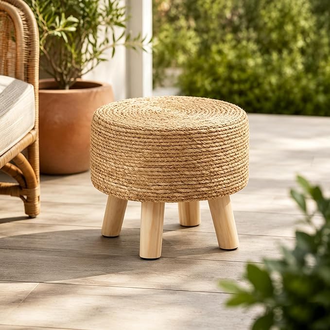 Wimarsbon Round Foot Stool Natural Seagrass Poufs Ottoman Hand Weave Footrest Stool for Couch Desk Extra Seat Step Stool with Solid Wood Legs for Hallway Patio Lounge Natural