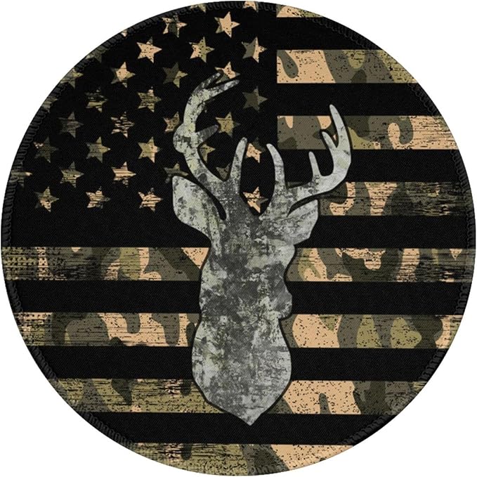 Camo American Flag Deer Round Mouse Pad Premium Textured Mouse Mat Washable Mousepads with Extended Stitched Edges Non Slip Rubber Base Small Mousepad 7.9 X 7.9 X 0.12 Inches