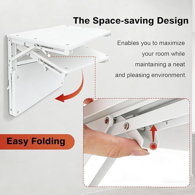 HWMYD Folding Table Wall Mounted for Small Space, Wooden Wall Shelf for Living Room Bedroom Decor, Home Office Floating Fold Down Desk, Media Shelves with Heavy-Duty Brackets Holds Up to 55lbs, White