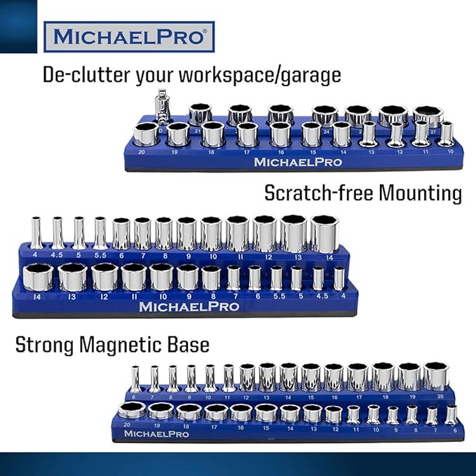 MichaelPro Magnetic Socket Organizer, Socket Tray, 3-Pc 1/4-inch, 3/8-Inch, & 1/2-Inch Magnetic Organizer Tray in Metric for Toolboxes/Cabinets| MP014002