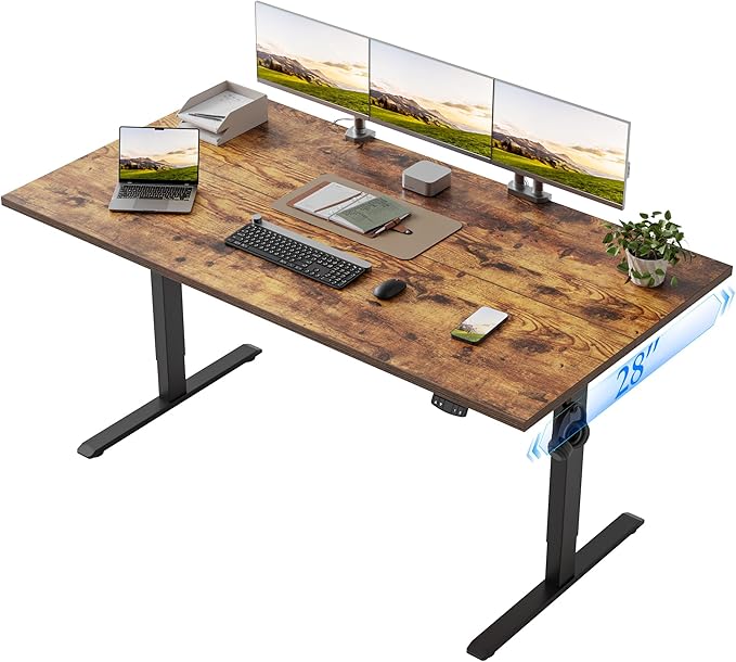 Klicelor 63 x 28 Electric Standing Desk, Sit Stand Up Home Office Desk, Height Adjustable Deep Cumputer Table with Memory Presets and Hooks, Two Pieces, Rustic Brown