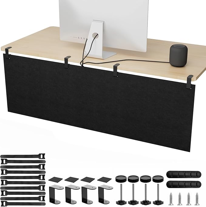 No Drill Under Desk Cable Management and Privacy Panel 2 in 1 | Modesty Panel with Cord Organizer |Felt Standing Desk Back Skirt for Office,Home(47.2")