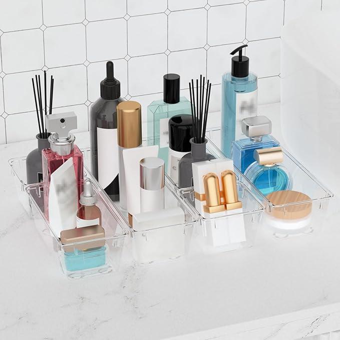 WOWBOX 9 Pack Clear Drawer Organizer Set, Acrylic Drawer Storage Trays, Storage Bins for Makeup, Cosmetics, Jewelries, Utensils, Gadgets, Office