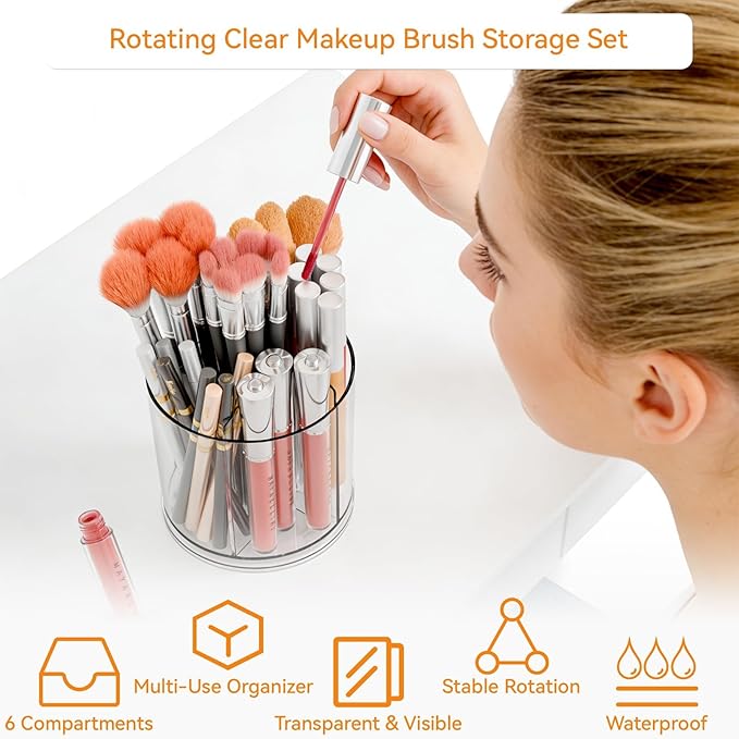 Yieach Rotating Acrylic Makeup Brush Holder for Vanity,Bathroom Countertop,Round Makeup Brushes Organizer,Spinning Cosmetic Brushes Holder,Make up Brush Storage and Office Desk Pen or Pencil Cup,Clear