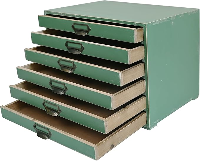 Vintage 6-Drawer Wooden Desktop Organizer Cabinet, Rustic Distressed Wood Card Catalog Cabinet, Antique Storage Box for Jewelry Cosmetics Craft Paper Home Office Decor (Green)