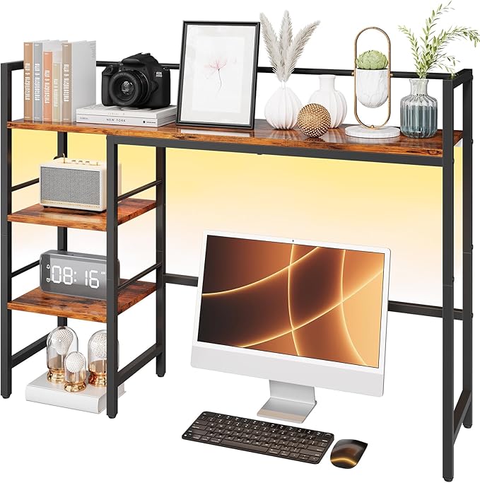 HavenlyYouth Desk Shelf with LED Light Strip, 3-Tier Storage Desktop Organizer Shelf, 38.6" Wood Desktop Bookshelf for Computer Monitor, Desk Hutch for Home Office Dorm, Rustic