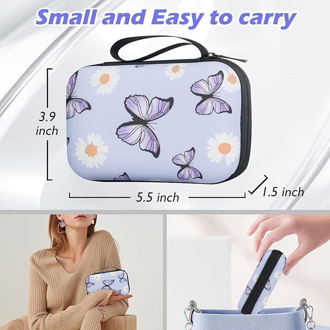 Cute Phone Charger Storage Case Set with Carrying Bag Purple Flowers Floral Butterfly pattern Cable Protector accessories Travel Cable Organizer,Earphone Charger Protector Cover Compatible for iPhone