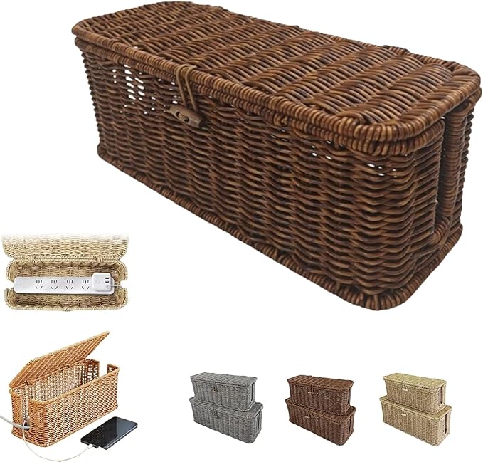 Handwoven Rattan Cable Management Box, Basket to Hide Cords, Container for Tv Wire, Computer, Router, USB Hub (Brown, M：12.9 * 5.1 * 5.1inch)