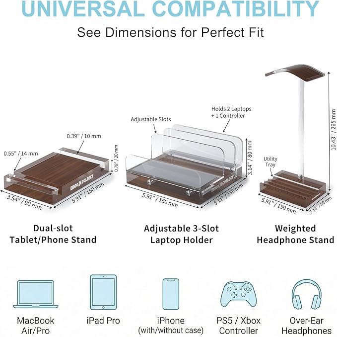 Vertical Laptop Stand for Desk – Adjustable Dual Slot Holder (Fits 2 Laptops & Controller), with Matching Headphone Stand & Phone/Tablet Holder, Acrylic Wood Finish
