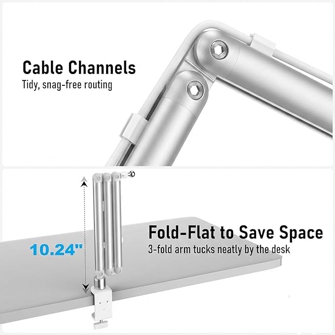 Portable Monitor Stand 15.6", Heavy Duty Tablet Arm Mount with Desk Clamp, Sag-Free Adjustable iPad Holder for Bed, 360° Foldable Arm Fits 4.7"-18.5" iPad Pro/Air/Mini, 2.2lbs Capacity, White