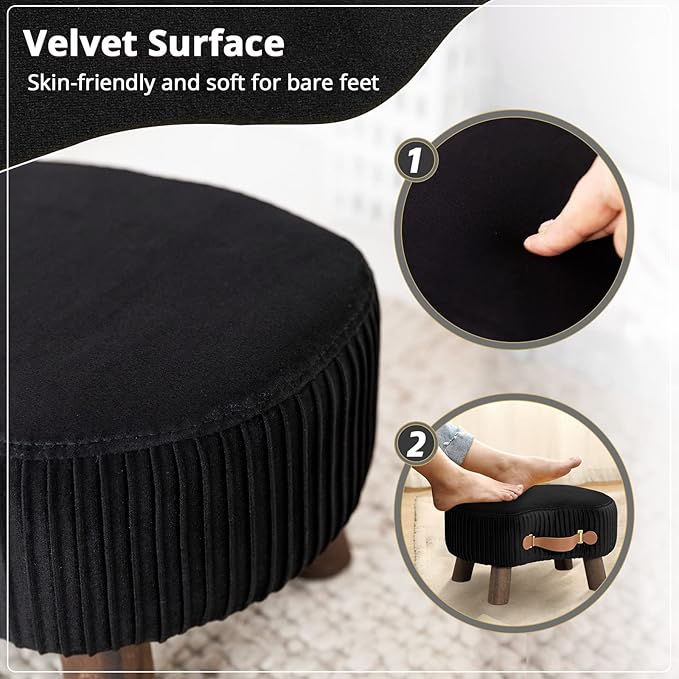 LUE BONA Small Curved Foot Stool with Handle, Black Velvet Footstool and Ottomans, Modern Foot Rest with Wooden Legs, Step Stool with Padded Seat for Couch, Living Room