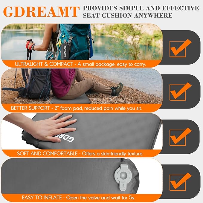 Inflatable Seat Cushion, Self-Inflating Memory Foam Stadium Seats Cushion Portable Camping Air-Foam Sitting Pad for Travel Airplane Car Bleachers Backpacking Office, Lightweight & Compact