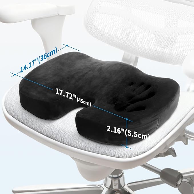 Memory Foam Seat Cushion for Office Chair & Car - Tailbone, Sciatica & Coccyx Pain Relief Butt Pillow - Ergonomic Orthopedic Desk Chair Pad for Long Sitting, Gaming & Travel, Black