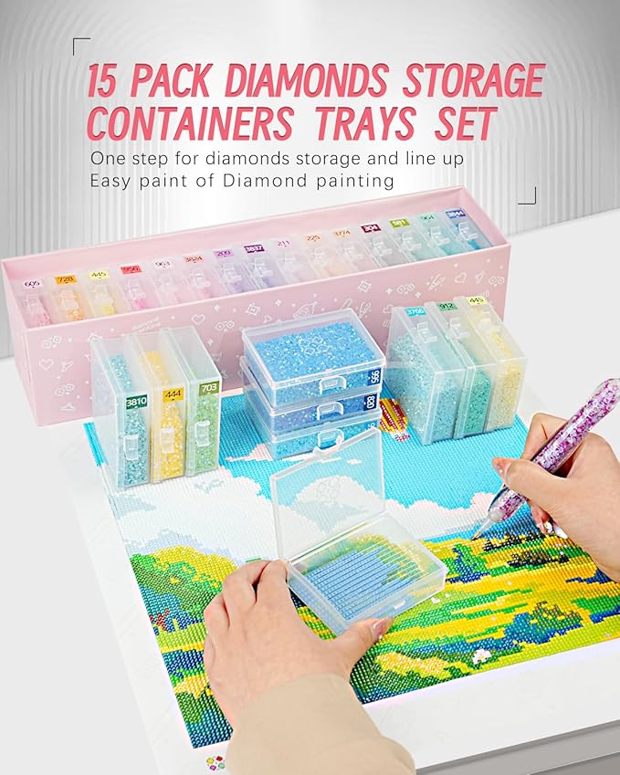 forever young Diamond Art Storage Containers Trays & Stand, 15 PCS Diamond Painting Trays with Lids for Adults & Hobbyists, 2-in-1 Organizer for Bead Sorting & Organized Workspace (Boxed Set)