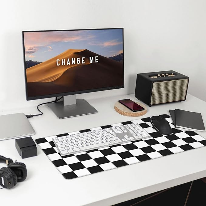 Black and White Checkered Large Mouse Pad & Desk Mat Geometric Plaid Pattern Extended Mousepad Non-Slip Rubber Base Laptop Keyboard Pad for Gaming, Office & Home Decor, XXL - 29.5" X 15.8"