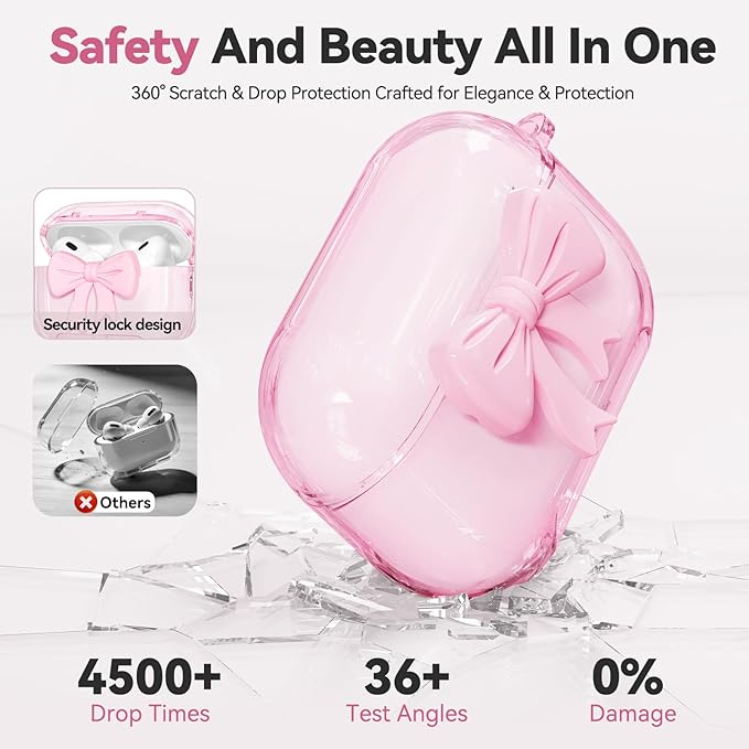 for Airpods Pro 3 Case Pink 2025 with Safety Lock & Phone Stand, 3D Bow Clear iPod Pro 3 Cases with Cute Keychain & Cleaning Kit, Soft TPU Cover for AirPods Pro 3rd Generation Case Girls Women