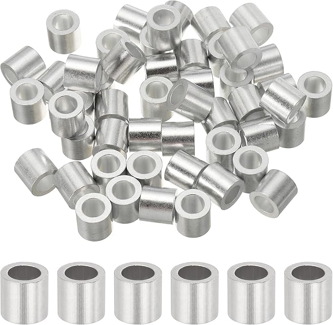 uxcell 1/4"(6mm) Aluminum Crimping Loop Sleeve, Wire Rope Stop Sleeve Round Crimp Ferrules for Wire Rope and Cable Ferrule, Silver 50Pcs