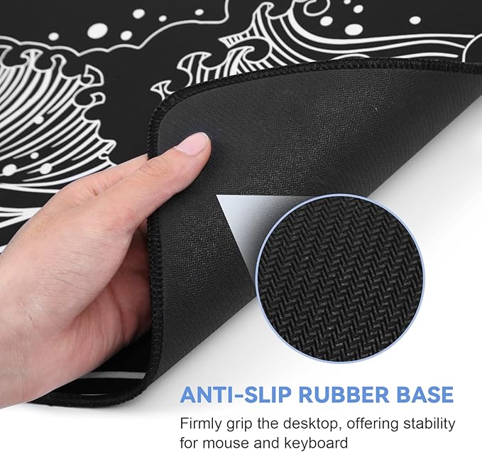 DIGSOM Gaming Mouse Pad - Large 31.5 x 11.8 in Black and White with Stitching Edges, Non-Slip Rubber Base Large Mouse Mat and Keyboard Pad (Sea Wave)