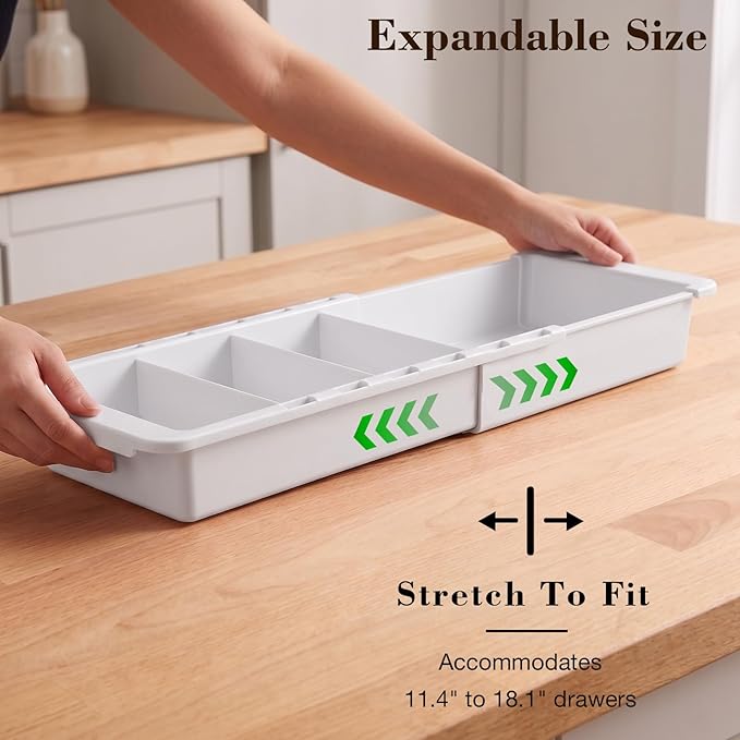 Expandable Measuring Cup Organizer & Measuring Spoon Organizer for Deep Drawers, 11.4''–18.1'' Adjustable Kitchen Drawer Organizer with 3 Dividers, Space-Saving Flatware Bin for Home & Kitchen