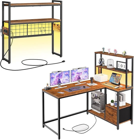 HOOBRO Desktop Bookcase and Gaming Desk Bundle, 2-Tier Desktop Organizer with Outlets, 46 Inch Reversible Computer Desk with LED Light & Power Outlet, for Office, Rustic Brown BF11UDSJ01-BF18UDDN01