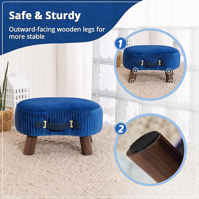 LUE BONA Small Curved Foot Stool with Handle, Navy Blue Velvet Footstool and Ottomans, Modern Foot Rest with Wooden Legs, Step Stool with Padded Seat for Couch, Living Room
