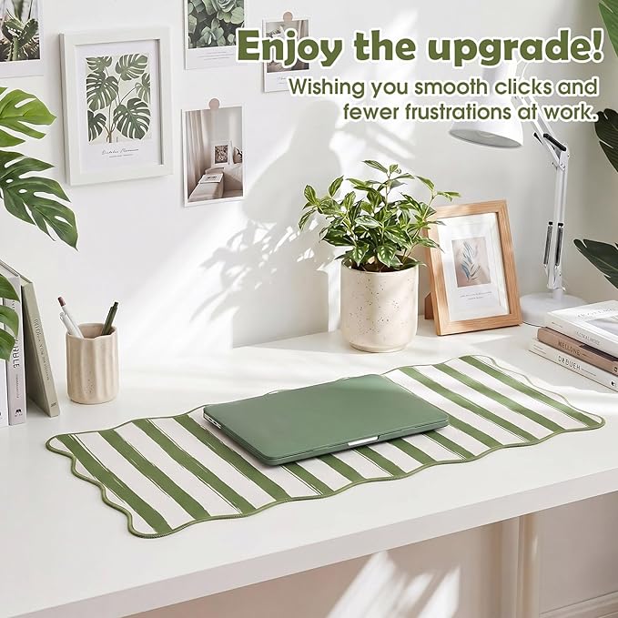 Copkim 1 Pcs Green Scalloped Striped Desk Mat 31.5 x 11.8 Inch Large Cute Mouse Pad Computer Mat Non Slip Waterproof Rubber Base with Border Stitching Soft Keyboard Pad for Home Office Gaming Makeup