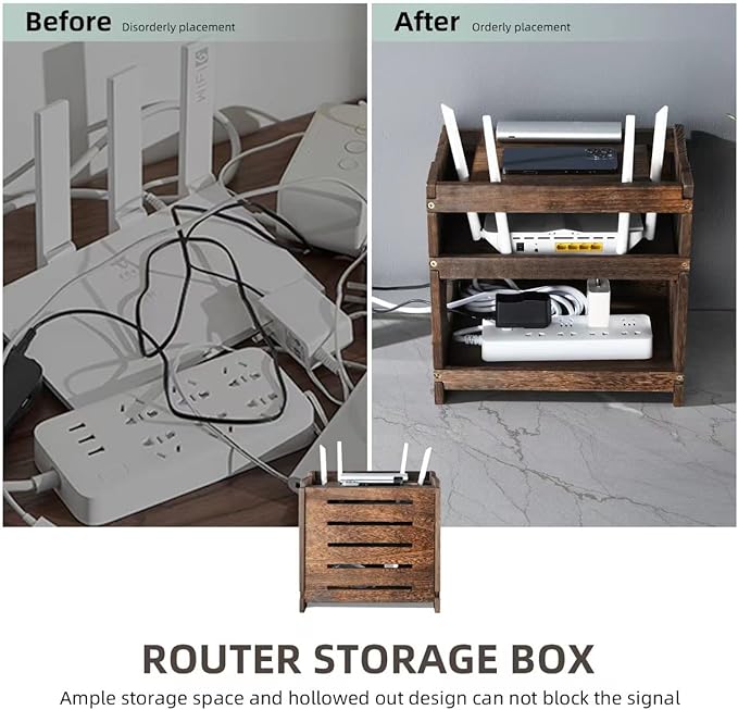 Wooden Wireless WiFi Router Storage Box Modem Router Cover Wood Shelf Power Strip and Cable Management Hider Rack Office Desktop Organizer Shelves Rural Need Assembly