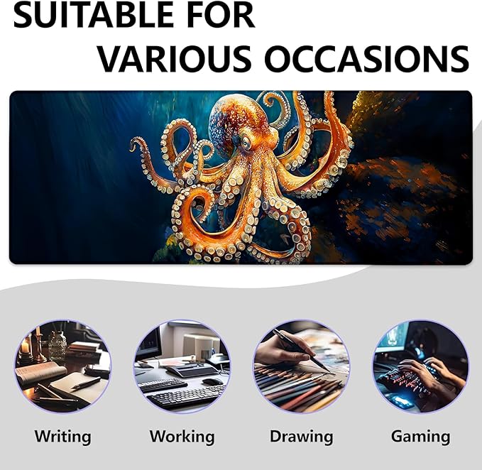 Octopus-Themed Large Mouse Pad, Gaming Mouse Pad, Non-Slip Rubber Base, Office Accessories, Desk Mat, Ocean MousePads for School, Work, Home Decor Gifts 31.5" x 11.8"