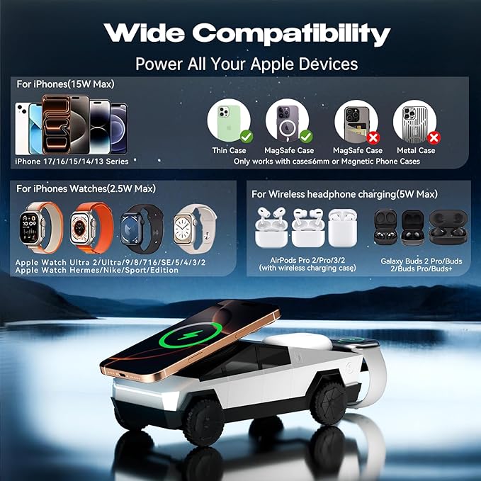 CyberDock 3-in-1 Wireless Charging Station, Cybertruck 1:25 Scale Charger with Qi2 Certified 15W Charging for iPhone iWatch AirPods, Magnetic Rotating Charger with Ambient Light, 30W Adapter, Sliver