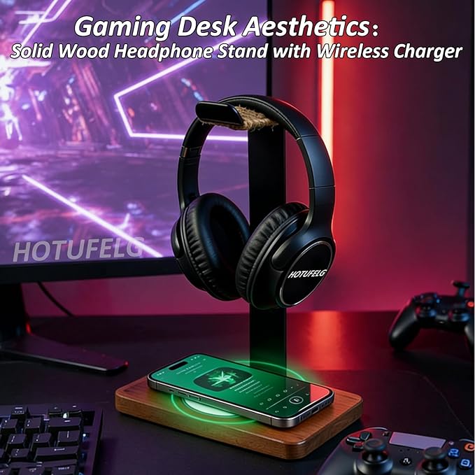 Handmade Wood Headset Stand with 15W Wireless Charging Pad- QI Wireless Charging Dock Compatible with iPhone 17/16/15/14 /Samsung Series,2-in-1 Universal Holder for All Table Headphones