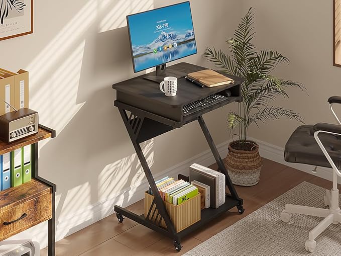 ALISENED 2 Tier Computer Desk with Keyboard Tray, 23.6" Home Office Desk Computer Workstation Rolling Study PC Laptop Table for Small Spaces,Z-Shaped Small Compact Study Table