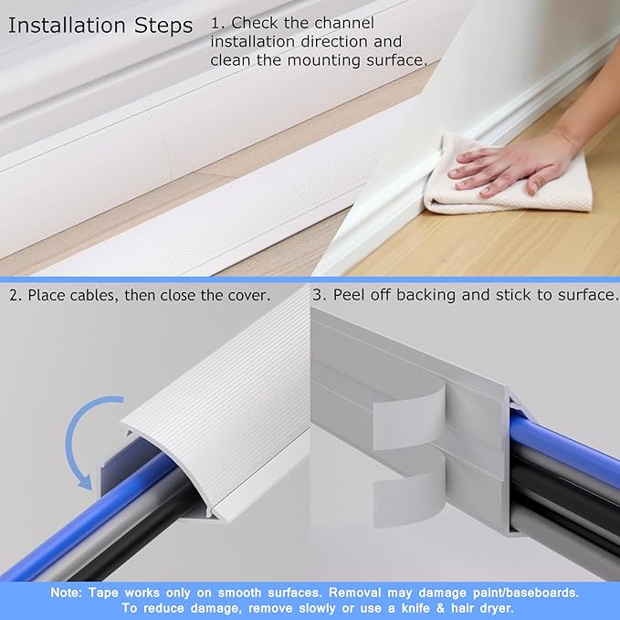 ZhiYo 10ft Floor Cord Cover for Corner, Large Cord Hider for 3-5 Cords, Self-adhesives PVC Wire Cover for Baseboard/Floor/Wall Cable Management, White Cable Raceway, 0.8in x 1.8in, 3 x L3.3ft