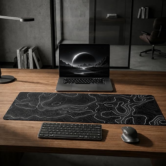 AQQA Topographic Gaming Mouse Pad (31.5 x 11.8 in) | Large Extended Desk Mat | Minimalist Black & White Contour Line Design | Non-Slip Rubber Base, Waterproof, Stitched Edges | for Gaming, Office