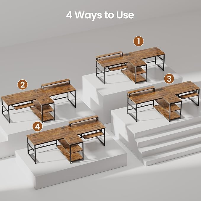 SEDETA 94.5" Home Office Desks, Computer Gaming Desk with Storage, LED Lights, Power Strip with USB, Keyboard Tray & Monitor Stand, Extra Long Double Desk for 2 Person, Rustic Brown