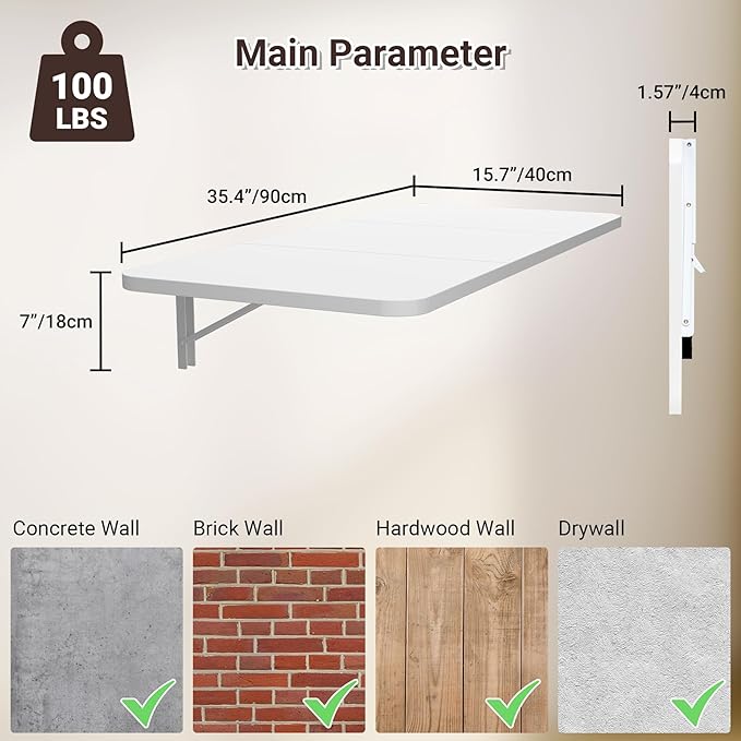 Neoaider Wall Mounted Folding Desk 35.4” x 15.7”, Drop Down Table with Metal Collapsible Brackets, Folding Wall Table for Small Spaces, Home, Office, Kitchen, Laundry Room-White