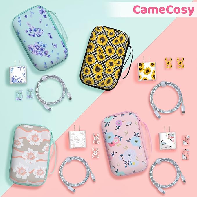 Cute Floral Phone Charger Storage Case Cover Set Colorful White Camellia Flowers Pattern Carrying Bag with Cable Protector Cord Organizer, Lightning Cable Chomper,Charger Saver Compatible for iPhone